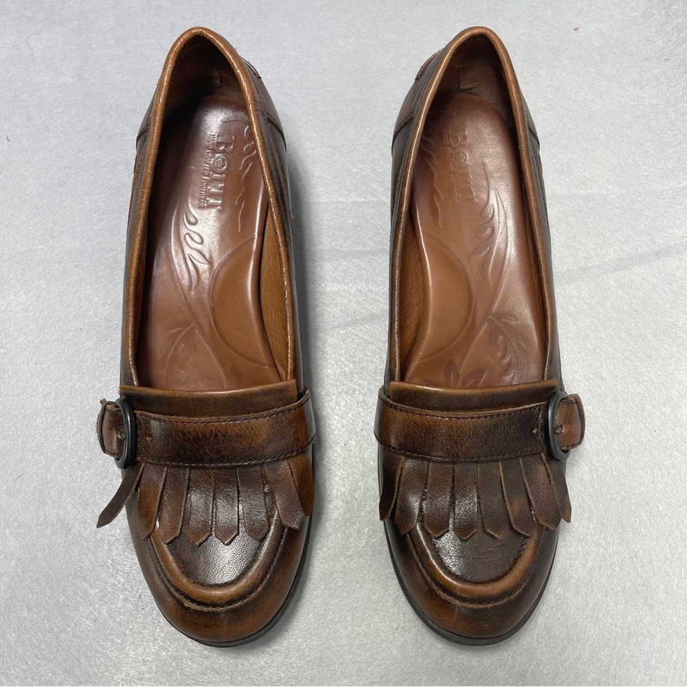 Born Lisette Kiltie Loafer Women 8 Brown Leather Fringe Buckle Block Heel D41616